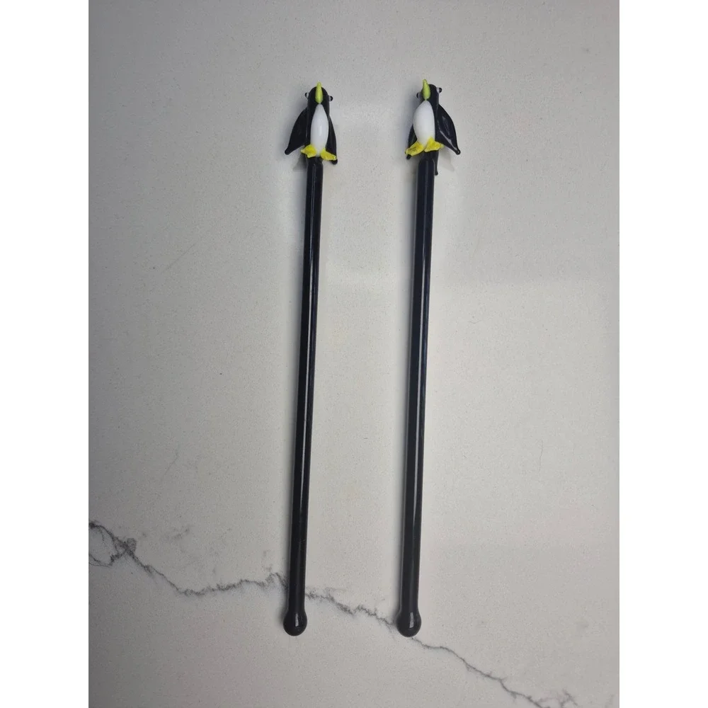 Vintage Handblown Glass Penguin Swizzle Sticks Set of 2 Cocktail Stir